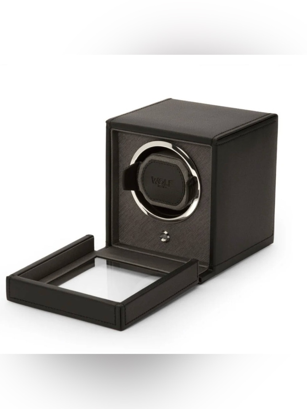 WOLF Black Leather Single Watch Winder with Silver-Tone Accents